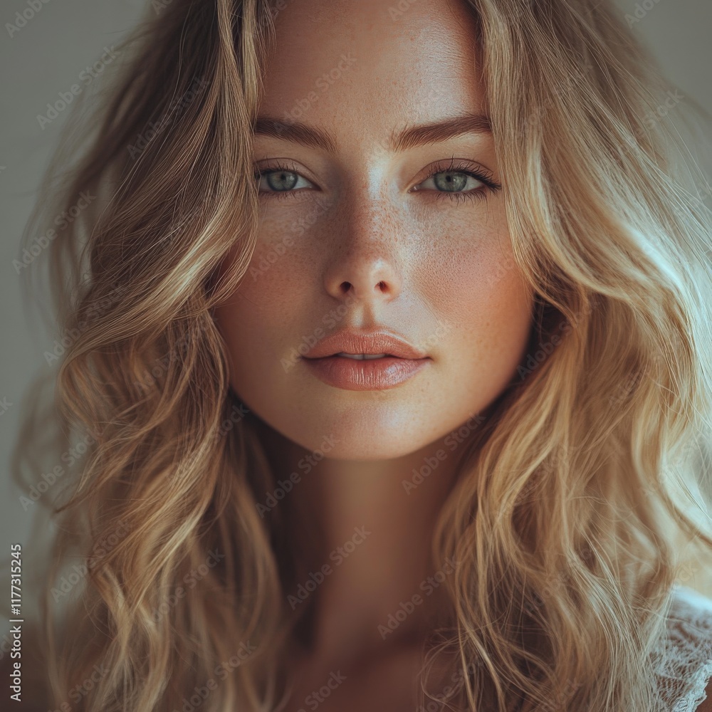 close up portrait of a woman with freckles and blonde wavy hair close up portrait of a woman with freckles and blonde wavy hair