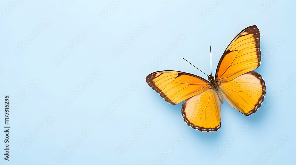 Fototapeta premium Orange butterfly on light blue background; nature, serenity, spring; ideal for greeting cards or websites.