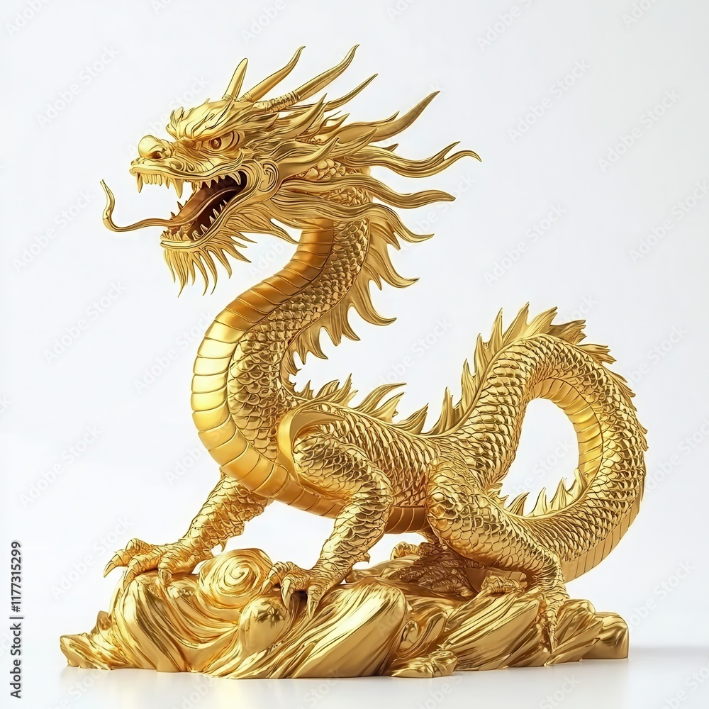 Golden Dragon Sculpture on a White Background with Elegant Details Golden Dragon Sculpture on a White Background with Elegant Details