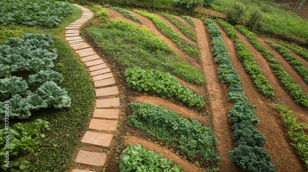 A picturesque organic farm field with vibrant vegetables and natural pathways, showcasing eco-conscious agriculture practices. A picturesque organic farm field with vibrant vegetables and natural pathways, showcasing eco-conscious agriculture practices.