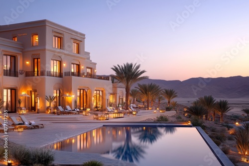 A ksar overlooking an oasis at dusk, with warm lights glowing from the windows and the desert sky fading to purple photo