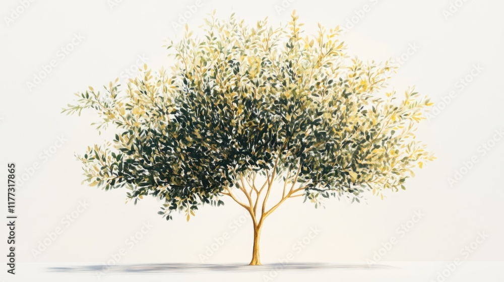 Obraz premium A modern tree illustration with golden branches and lush green foliage, set on a clean white canvas.