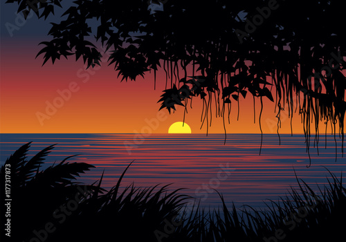 Sunset in the sea behind silhouette of trees and bush