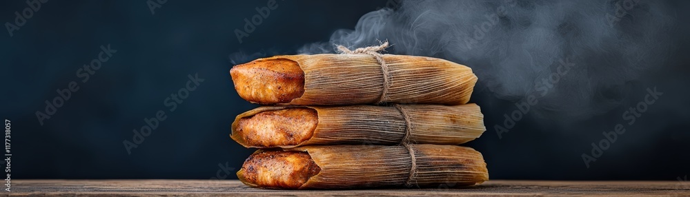 Smoky Steamed Tamales Wrapped in Corn Husk on Rustic Wooden Surface with Dark Background Smoky Steamed Tamales Wrapped in Corn Husk on Rustic Wooden Surface with Dark Background