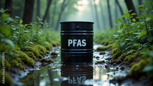 A striking black barrel labeled PFAS sits amidst a vibrant green forest, reflecting environmental concerns.