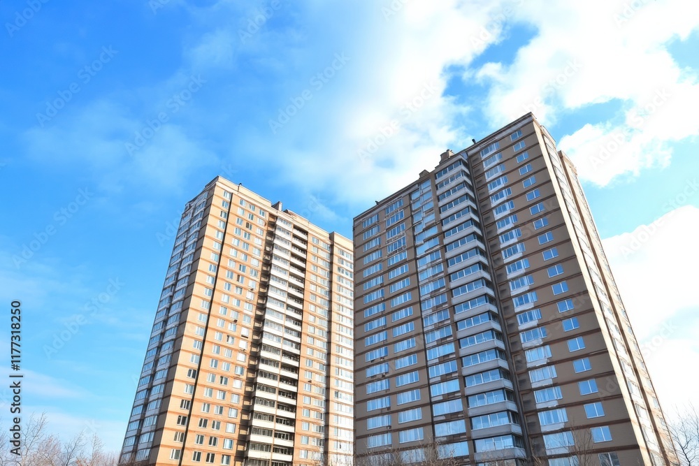 two tall buildings against a bright blue sky two tall buildings against a bright blue sky