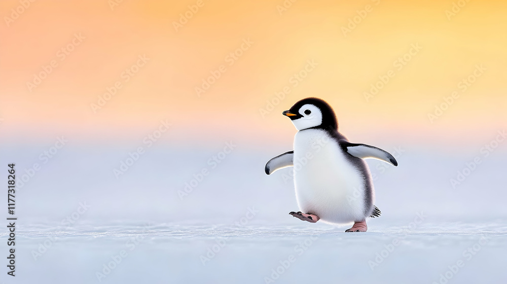 Fototapeta premium Penguin chick waddling on Antarctic ice at sunset; wildlife, nature scene for travel brochures.