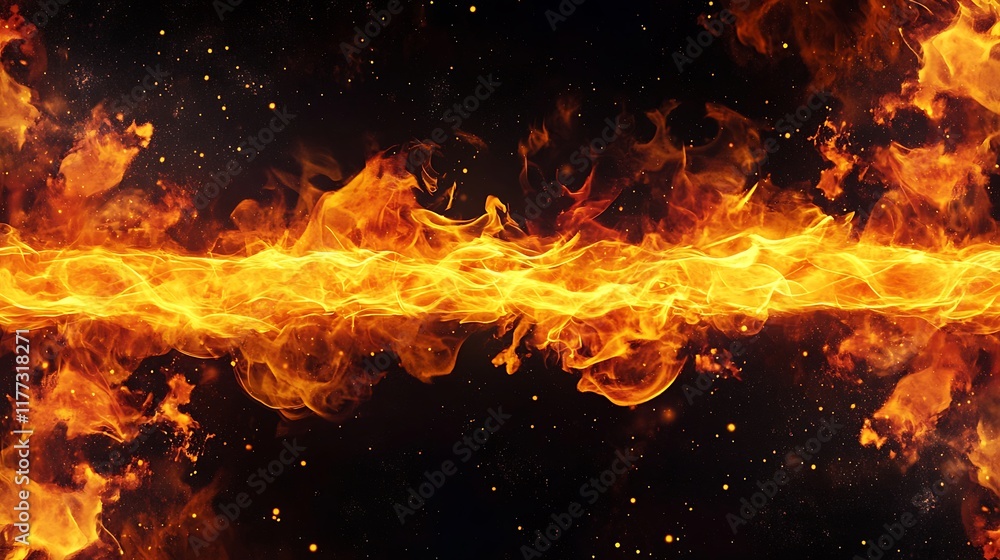 Obraz premium A horizontal, fiery line with orange flames stretches across a dark background. 