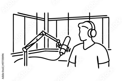  A man hosting a podcast with headphones and microphone in modern studio Hand drawn line art flat vector illustration.