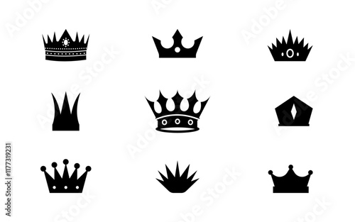 Crowns Clip Art Collection.Set of various black crown silhouettes on a white background.Love hearts crown silhouette black printable clipart sublimation vector illustration.crown logo,crown icon