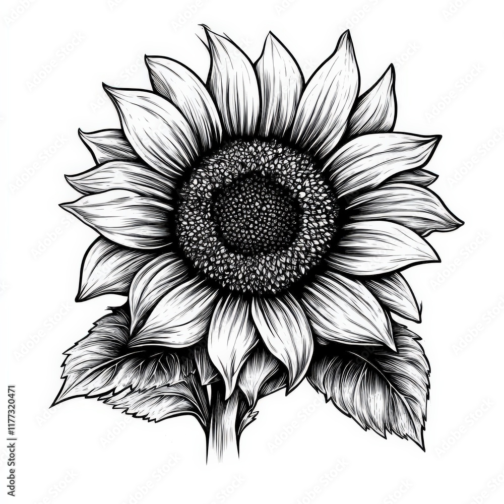 Fototapeta premium close up of a black and white drawing of a sunflower
