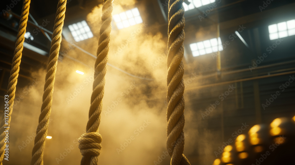 Fototapeta premium dynamic perspective capturing ropes movement in misty environment, showcasing interplay of light and shadow. atmosphere evokes sense of depth and intrigue