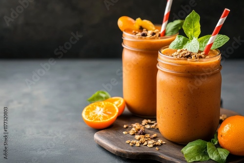 A kumquat smoothie in a mason jar with a striped straw, styled with fresh fruit and granola on the side photo