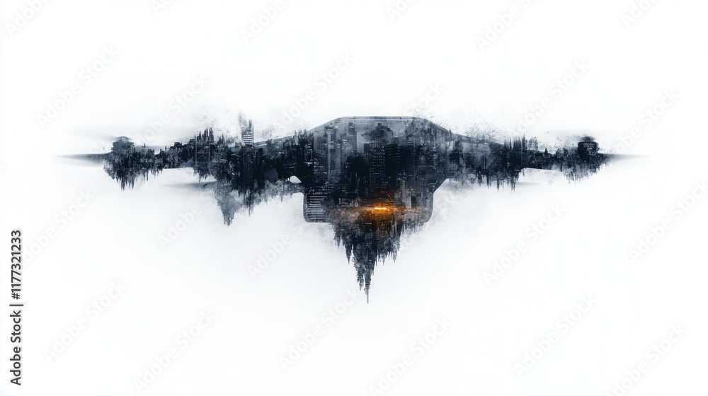 Fototapeta premium Watercolor aerial delivery drone flying above urban dark blue cityscape silhouette with orange glow illuminating futuristic transportation concept