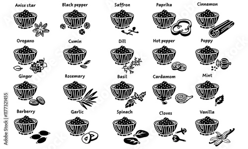 A collection of flat vector herbs and spices in black silhouettes in a crushed state in a plate next to the item. A variety of herbs, seeds, vegetables for different taste preferences. Sliced pieces