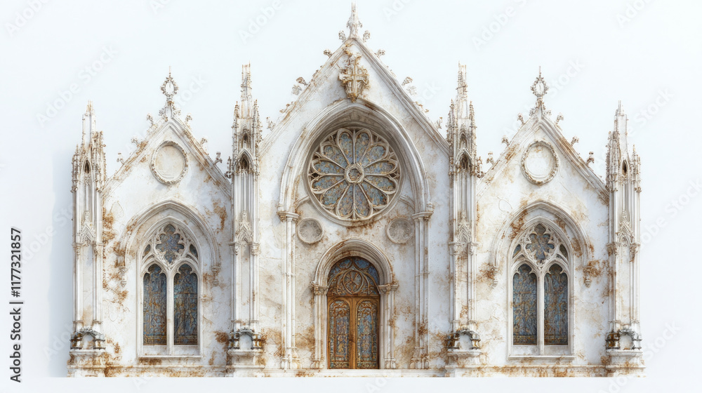 Obraz premium Gothic cathedral facade detail with ornate arched entrance, white marble architecture, religious building exterior, medieval european church landmark