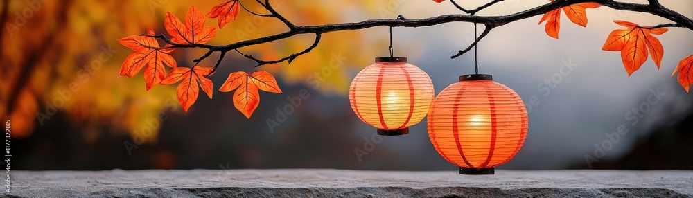 Fototapeta premium Red Lanterns Hanging on a Branch with Autumn Leaves and Scenic Background