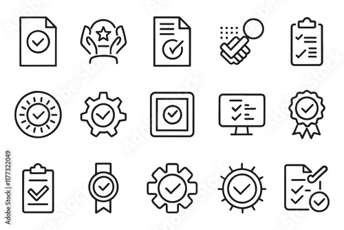 Evaluation, production, quality assurance, certificate, testing related editable stroke outline icon set flat vector illustration.