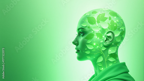 A captivating green portrait featuring a serene figure adorned with intricate leaf patterns. photo