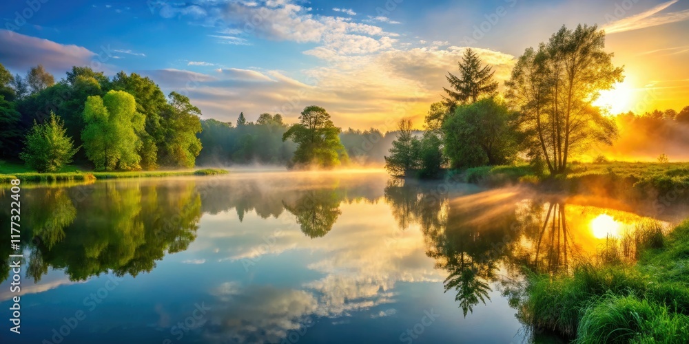 Obraz premium Serene lake at dawn: nature's artistry in calm waters, sun-kissed.