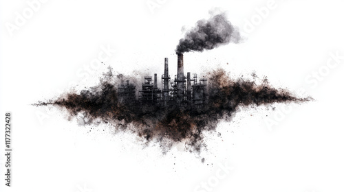 Watercolor industrial factory with black smoke polluting atmosphere floating on dark misty background depicting environmental impact of manufacturing