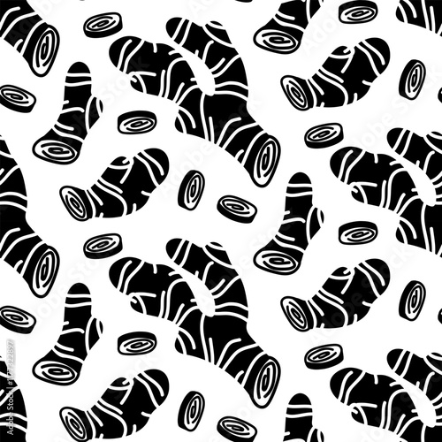 ginger root pattern, whole and pieces. Culinary seasonings and spices, hand-drawn. Seamless root. A repeating texture in black silhouette on a white background. Seasonings, spices, and food additives