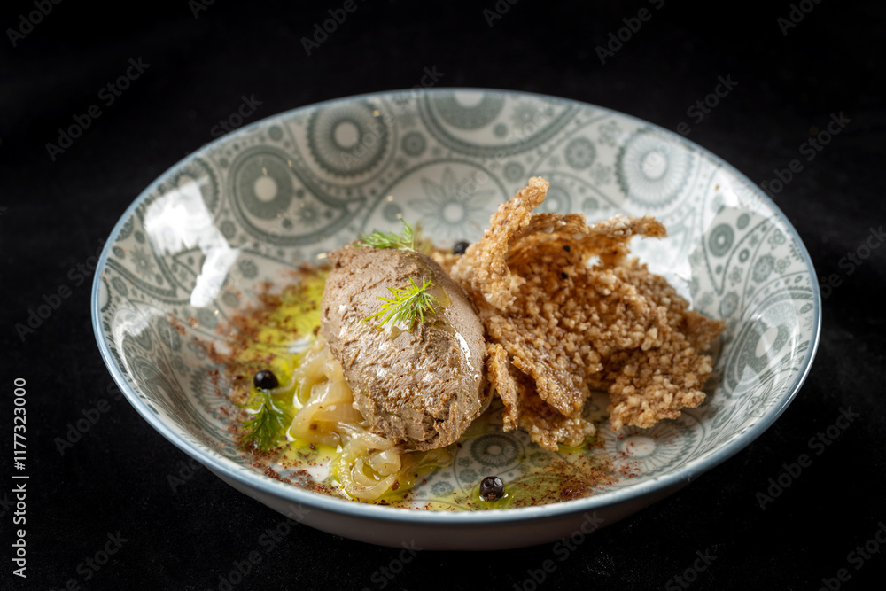 Goose liver pate on a plate of breads. With fried onions, on a beautiful plate. Goose liver pate on a plate of breads. With fried onions, on a beautiful plate.