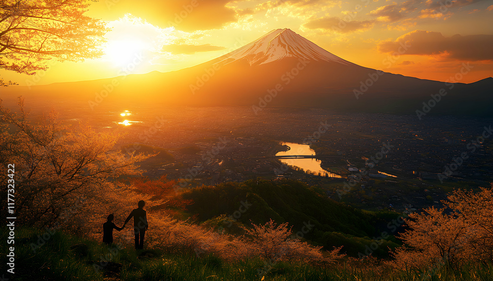 Majestic Mount Fuji sunset panorama with silhouetted couple holding hands, overlooking a blossoming landscape.