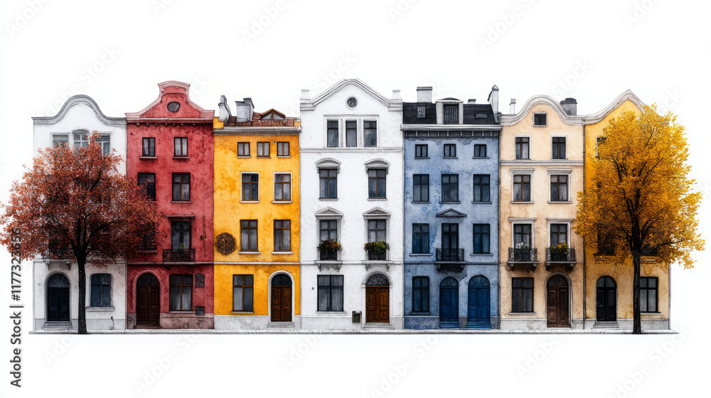 Fototapeta premium Colorful historic townhouse row with autumn tree, featuring European architecture facade with red, yellow, and white buildings