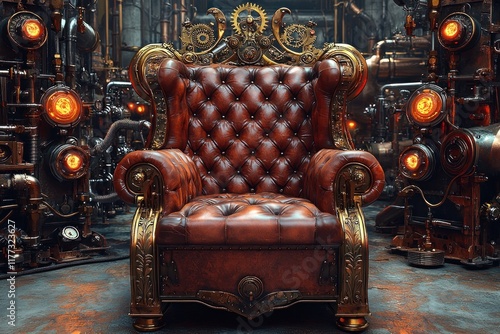 Ornate throne in steampunk factory with glowing machinery in background, ideal for power, leadership concepts