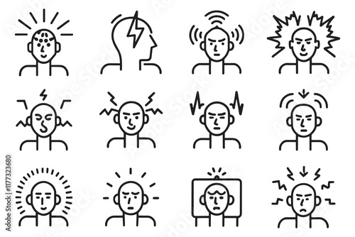  Headache related editable stroke outline icon set flat vector illustration