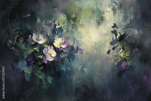Artistic oil painting of delicate flowers in muted tones.