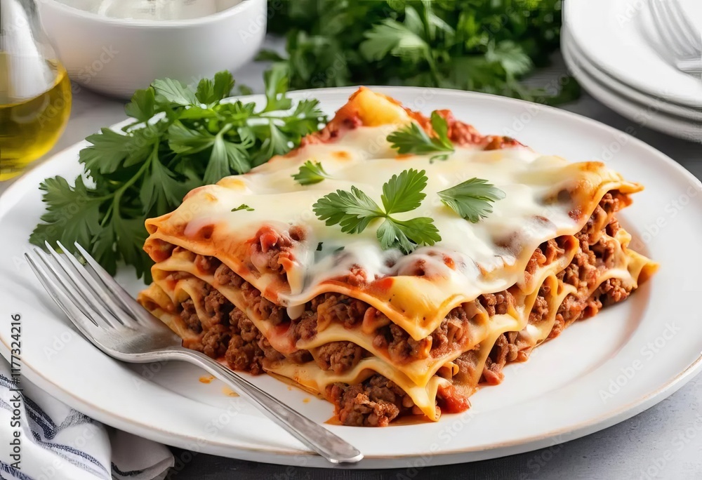 A close-up of a slice of ground beef lasagna with melted cheese and parsley on top