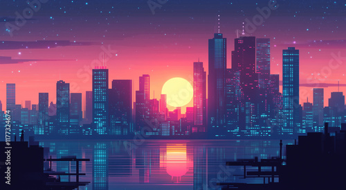 Wallpaper Mural Sunset Over A Waterfront Cityscape With Reflective Waters Torontodigital.ca