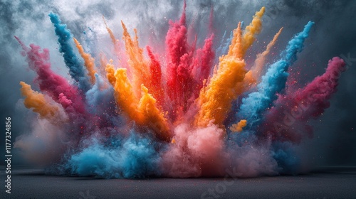 Colorful powder explosion on dark studio floor with smoky backdrop