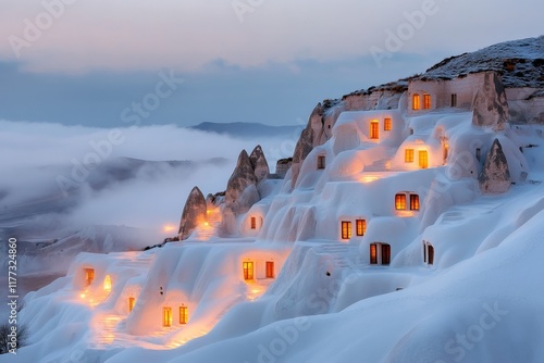 A haunting image of Uchisar Castle illuminated by eerie moonlight, with mist rising from the surrounding valleys photo