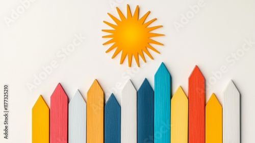 Colorful Wooden Arrows Pointing Upwards Under a Sun Growth Concept Optimistic Success