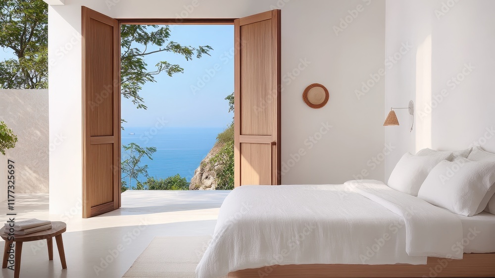 Fototapeta premium Serene minimalist bedroom featuring a spacious bed and calming decor for ultimate relaxation.