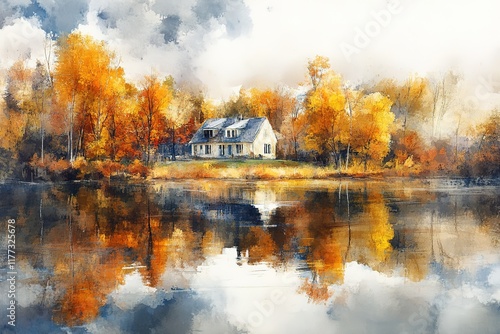 Wallpaper Mural Autumnal Lakeside House Reflected in a Still Pond, Painted Impression Torontodigital.ca