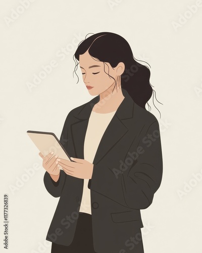 Elegant young woman in a stylish blazer holding a tablet, focusing on the screen with a calm expression, perfect for business and technology themes photo