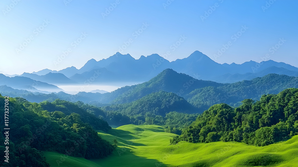Fototapeta premium Serene mountain landscape at dawn; rolling green hills, misty valley, distant blue peaks; ideal for travel brochures or nature documentaries.
