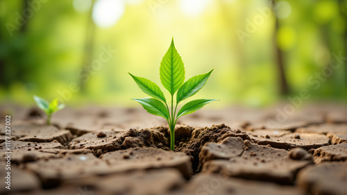 A vibrant green plant emerges from cracked dry soil, symbolizing growth and resilience. photo