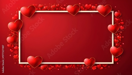 Frame of red hearts on red background. Romantic backdrop for your designs