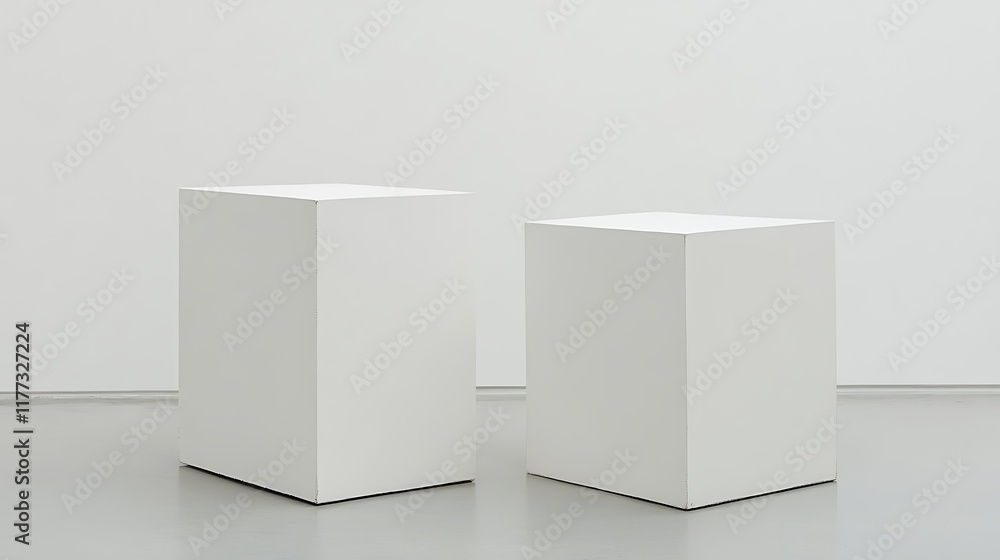 Two white blocks, one short and one tall, sit on a light gray floor. Two white blocks, one short and one tall, sit on a light gray floor.