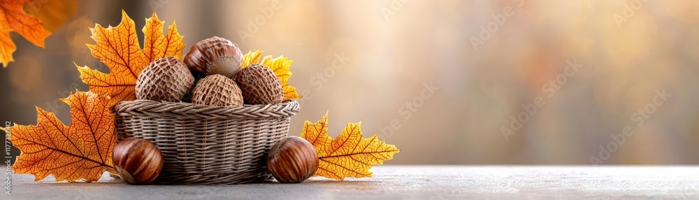Autumn Harvest Arrangement with Nuts and Leaves in a Decorative Basket on a Rustic Surface Autumn Harvest Arrangement with Nuts and Leaves in a Decorative Basket on a Rustic Surface
