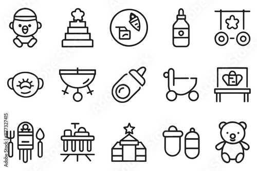 Baby care, toy related editable stroke outline icon set flat vector illustration.