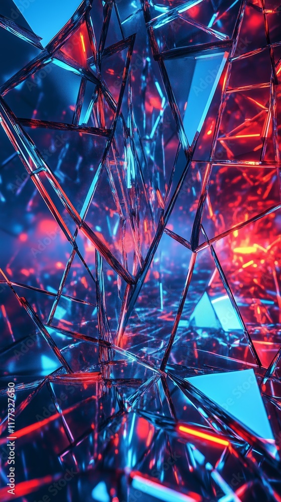 3D graphic pattern of shattered glass walls reflecting neon lights 3D graphic pattern of shattered glass walls reflecting neon lights