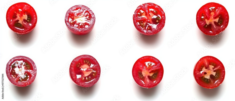 eight halves of cherry tomatoes on white eight halves of cherry tomatoes on white