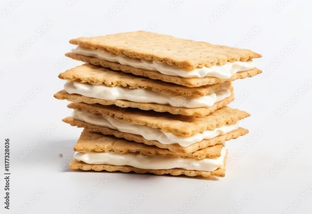 A close-up of a broken biscuit cracker with cream filling on a white background A close-up of a broken biscuit cracker with cream filling on a white background