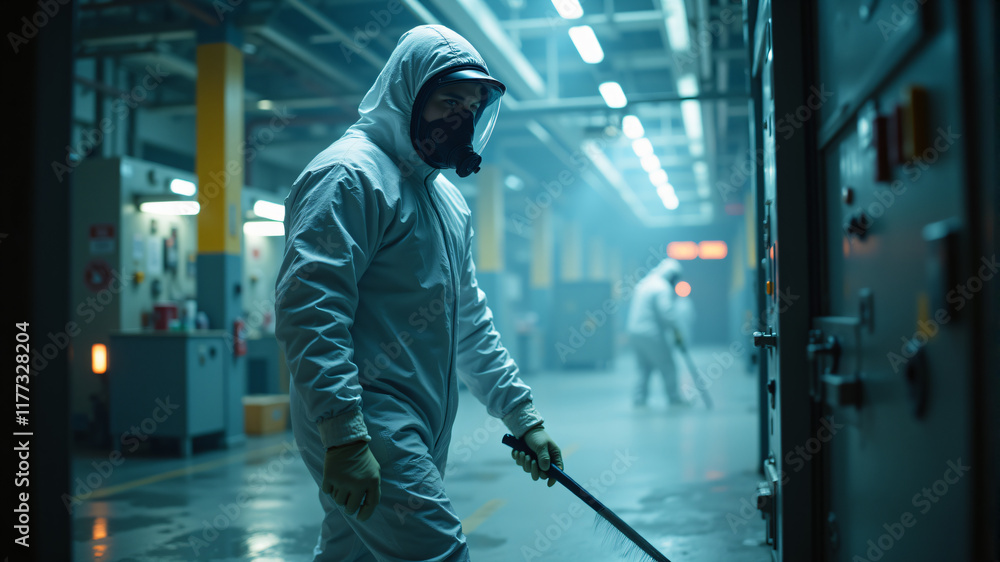 Fototapeta premium A worker in a protective suit navigates a dimly lit industrial area, emphasizing safety and caution.
